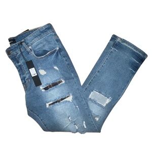 Nova Men 36 Distressed Patchwork Slim Jeans, Medium Wash Trendy Streetwear Look